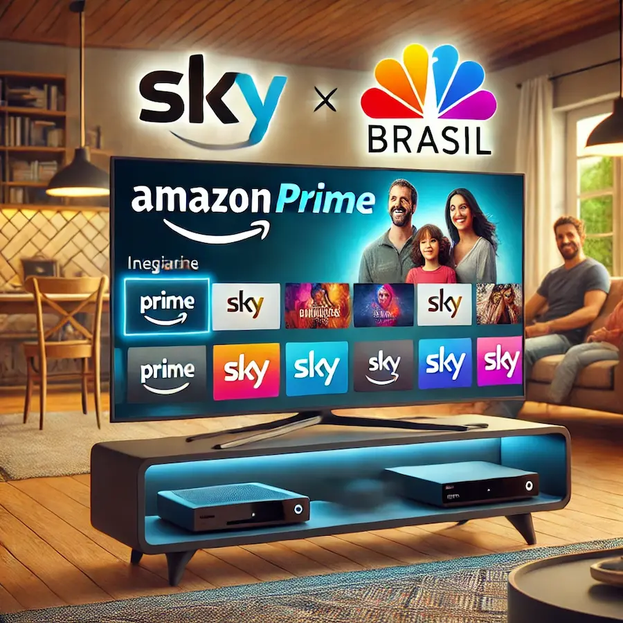 Família assistindo Amazon Prime na SKY Brasil em uma sala de estar, com logos das duas marcas na TV